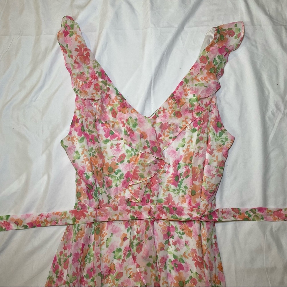 Adorable Pink Floral Midi Dress with Asymmetrical Handkerchief Hem, Fairycore - Picture 3 of 6